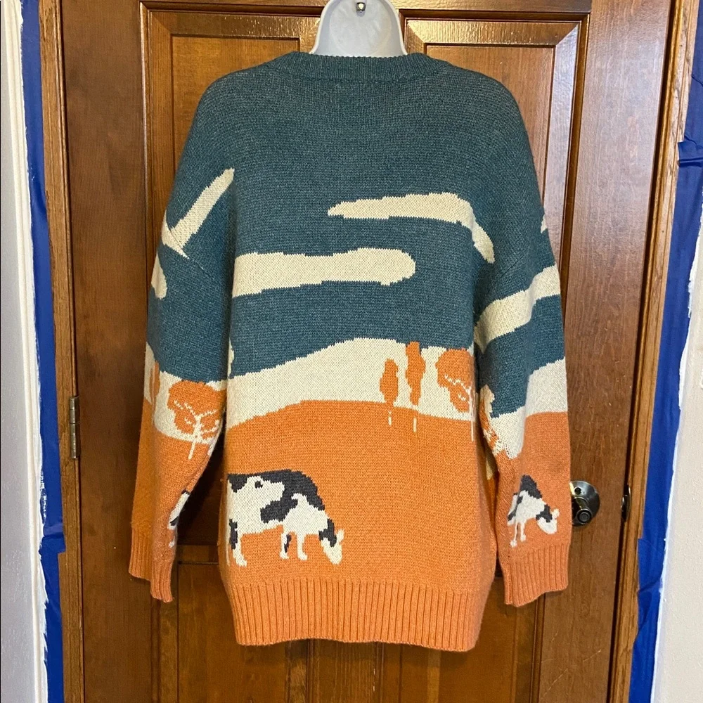 Aelfric Eden “Cow In Pasture” Prairie knit Sweater UNISEX Whimsical Size X Large - Picture 5 of 8